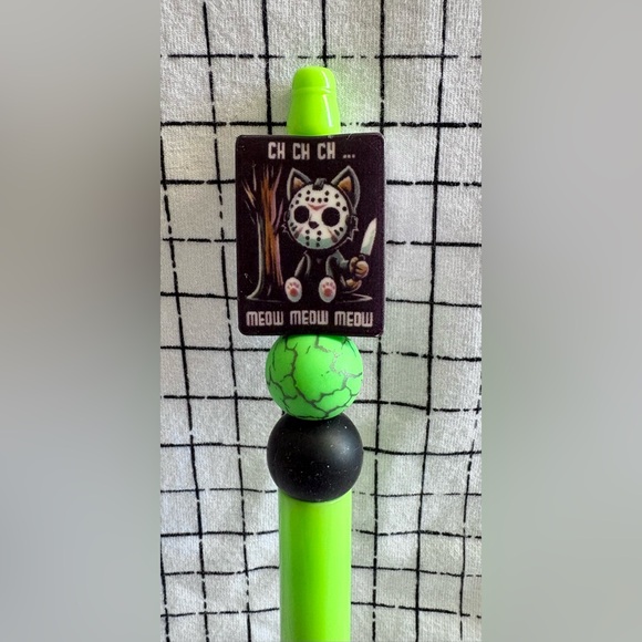 Friday the 13th Kitty Cat Custom Beaded Ink Pen Lime Green - Picture 6 of 6